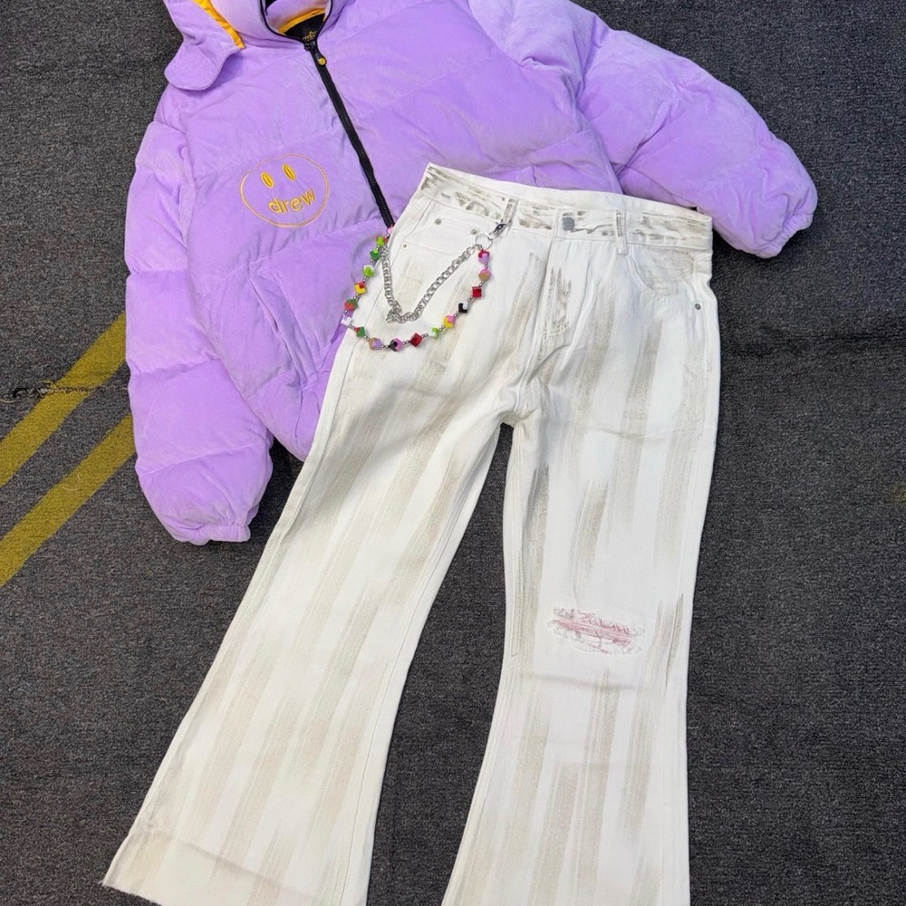 Purple Puffer Jacket and Striped White Jeans